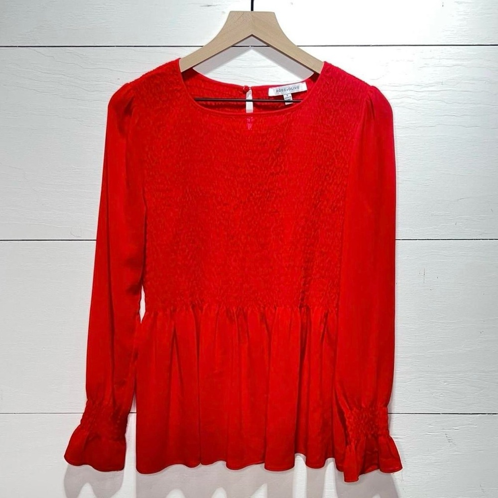Rose + Olive • Smocked Red Long Sleeve Peplum Blouse Size Small